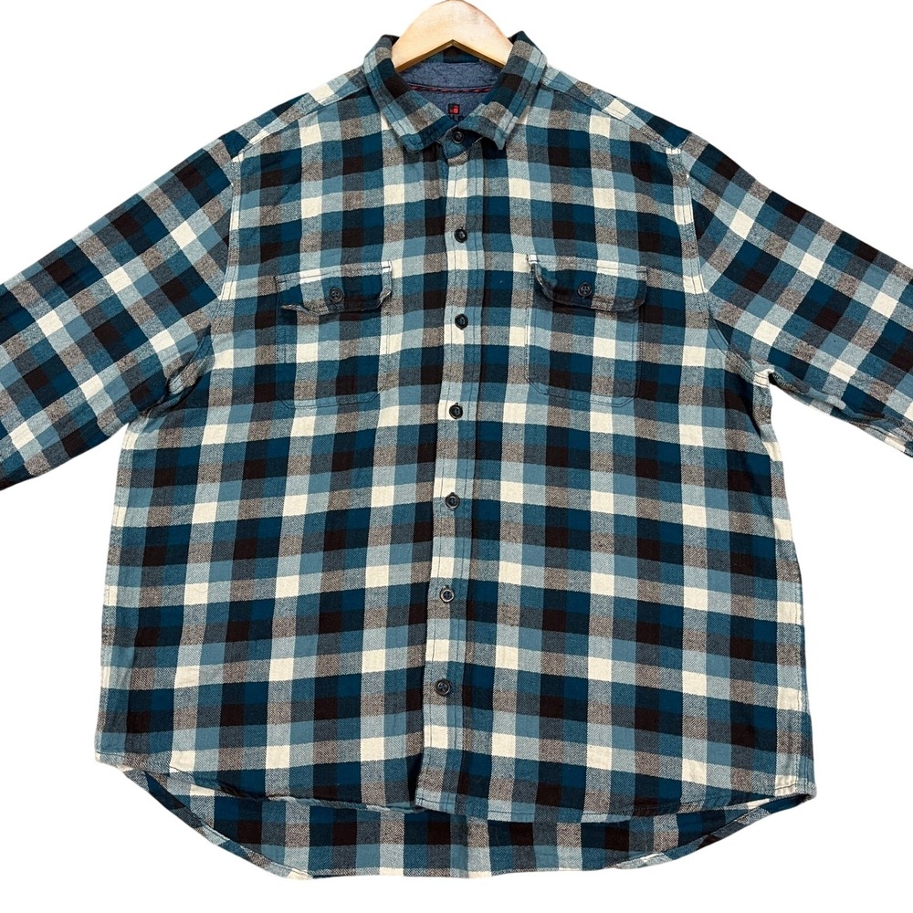 Woolrich Shirt Men XL Black White Blue Button Down Flannel Herringbone Flip Cuff